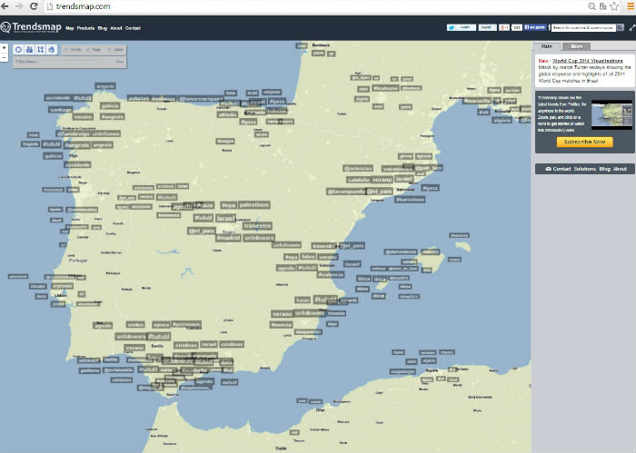 En los últimos años han surgido muchos servicios relacionados con los hashtags, como por ejemplo, el servicio web Trendsmap.com, que nos muestra en el mapa los hashtags más populares a tiempo real en la ciudad quequeramos. Eso sí, para poder utilizar este insteresante servicio, tienes que registrarte. Lo bueno es que dispones de una opción gratuita (Free), más limitada pero útil: