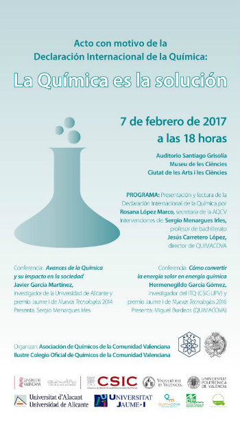 La Asociación de Químicos de la Comunidad Valenciana organiza la jornada 'La química es la solución' el martes 7 de febrero en el Museu de les Ciències